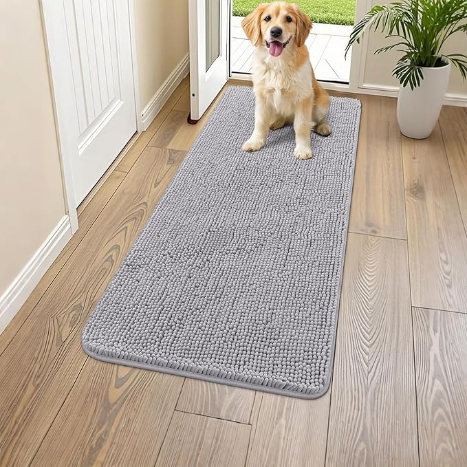 Smiry Dog Door Mat for Muddy Paws 47x24, Absorbs Moisture and Dirt Doormat, Non-Slip Washable Quick Dry Chenille Front Door Mat Indoor Entrance, Entryway Carpet for Inside Floor, Light Grey