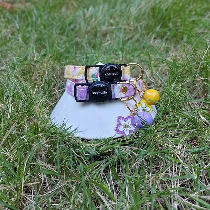 2 Pack Cotton Breakaway cat Collars with Bell,Safety Quick Release Pendant Cute Kitten Collar,Adjustable 20-30cm (Lilac+Lemon, 20-30cm)