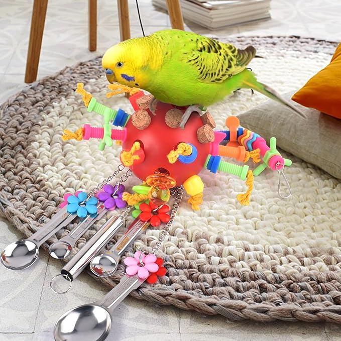 KATUMO Parrot Toys - Colored Chew Toys & Bird Spoons for Amazon Parrot, African Grey, Conure, Caique, Quaker, Small Cockatoo, Mini Macaw, Eclectus & Similar Small Medium Birds