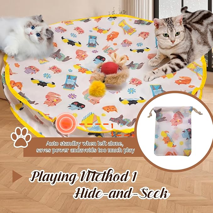 28-Inch Automatic Cat Toys Cat Play Mat with Motion-Activated Rolling Ball–Interactive Hide-and-Seek Cat Toy for Indoor Cats’ Exercise