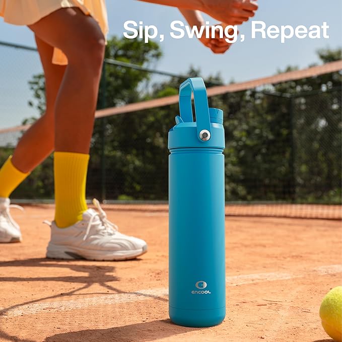 Insulated Water Bottle with Straw - Encool Stainless Steel Water Bottle, Leak-Proof, BPA-Free, Double Wall Vacuum Keeps Cold for 24 Hours for Sports, Travel, School (26 oz, Azure Blue)