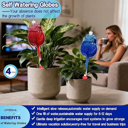 Large Plant Watering Globes Top Fill,4pcs Non Clogging Self Watering Globes,Self Watering Planter Insert with Watering Spikes,Plant Watering Devices,Glass Water Bulbs for Indoor&Outdoor Plants