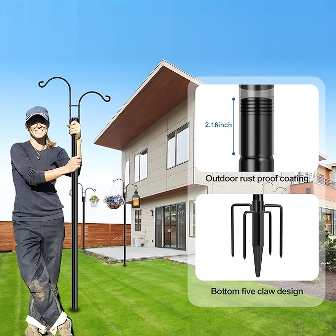 Ottsuls Bird Feeder Pole, 2 Pack 60 INCH Double Shepherds Hooks for Outdoor, Garden Pole with 5 Base Prongs Heavy Duty Planter Hooks for Hanging Plant Baskets, Lantern, Hummingbird Feeder