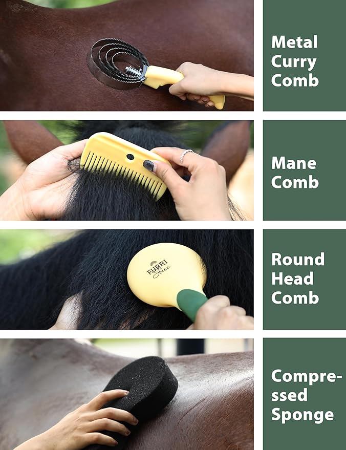 9PCS Horse Grooming Kit Curry Comb Sweat Scraper Horse Bathing Supplies Grooming Tools with Storage Bag Pasture Glow
