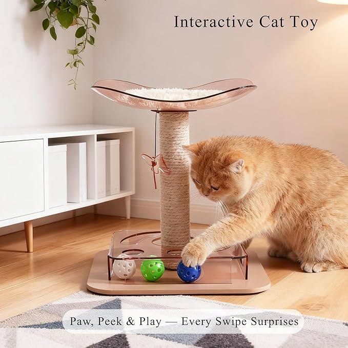 Modern 3-in-1 Interactive Cat Toy with Puzzle Box, Cat Bed/Perch & Scratching Posts, Colorful Jingle Balls, Dangling Accent, Puzzle Toys for Indoor Cats, Acrylic, Pink