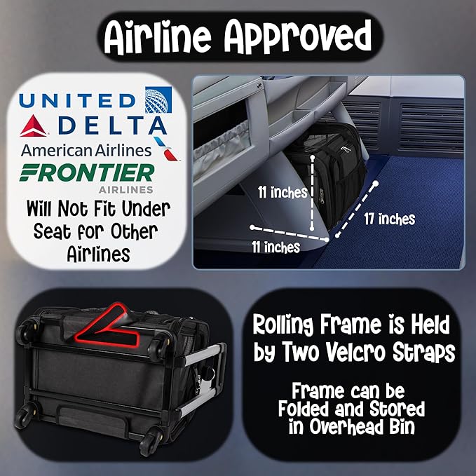 Pet Carrier with Wheels | Delta American Frontier Airline Approved | Two Expandable Sides, Storage Pockets Adjustable Leash | Rolling Dog and Cat Carrier TSA Compliant (Black 17x11x11)