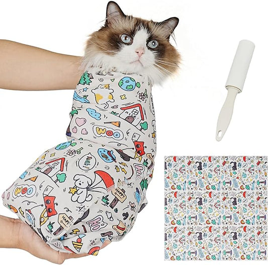 Supet Cat Grooming Wrap for Cutting Nails, 2025 Self-Adherent Cat Wrap, Anti-Escape Calming Cat Swaddle Wrap for Medicine, Nail Clipping, Teeth Brushing, Ear Cleaning (Cartoon, M)