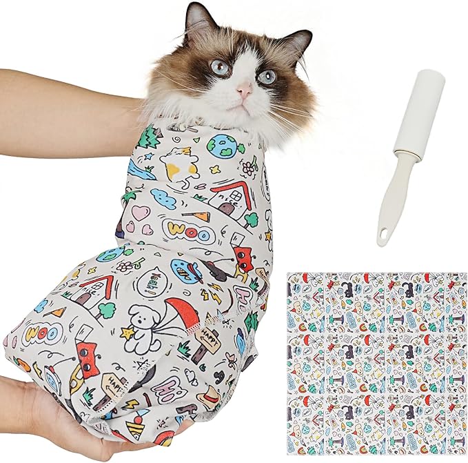 Supet Cat Grooming Wrap for Cutting Nails, 2025 Self-Adherent Cat Wrap, Anti-Escape Calming Cat Swaddle Wrap for Medicine, Nail Clipping, Teeth Brushing, Ear Cleaning (Cartoon, L)