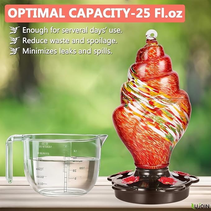 Spiral Shaped Hummingbird Feeder for Outdoors Hanging, Hand Blown Glass, 25 fl.oz, Leak Proof & Rustproof, Includes an Ant Moat, Metal Cover with 5 Feeding Ports, Red