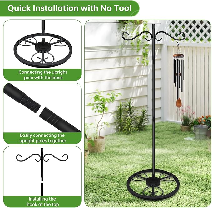58'' Double Shepherds Hooks for Outdoor, Adjustable Freestanding Shepherds Hook with Base for Wind Chime, Bird Feeder, Lantern for Indoor & Outdoor Garden Patio Home Decor