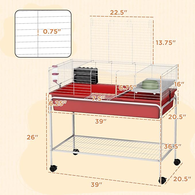 PawHut Two-Story Small Animal Cage Removable from Stand, Guinea Pig Cage with Shelf & Wheels, Pet Habitat for Hedgehog, Chinchilla, Ferret, 39" x 20.5" x 36.5", Red