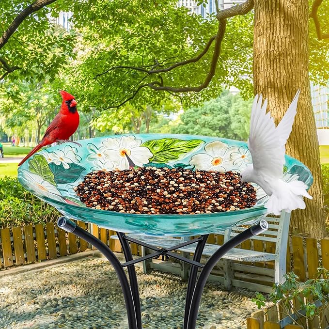 MUMTOP Bird Baths for Outdoors, Hummingbird Glass Large Bird Bath Bowl with Metal Stand, 18 Inch Bird Feeders for Outside and Garden, Patio,Lawn Decor (Hydrangea)