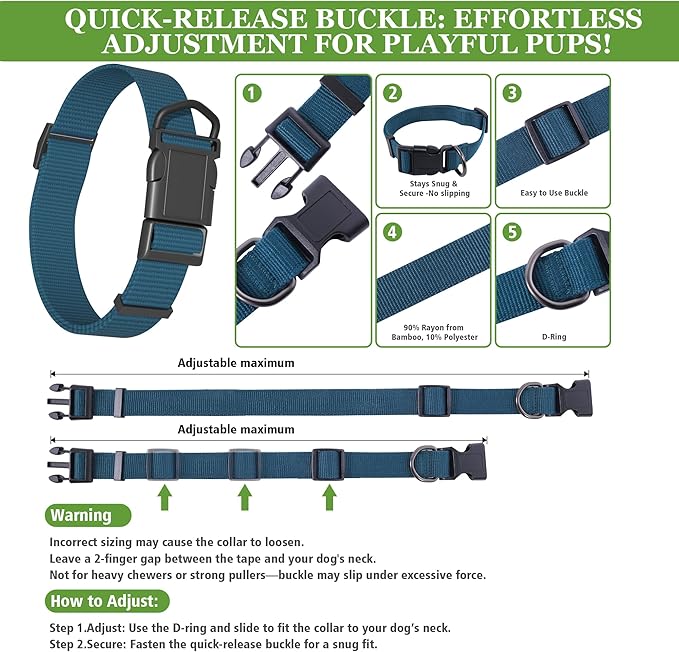 Blue Dog Collar for Large Dog, Breathable, Anti-Odor & Soft, Comfortable for Sensitive Skin Puppies, 90% Bamboo Rayon, Adjustable Quick-Release Buckle Pet Collar for Large Breeds