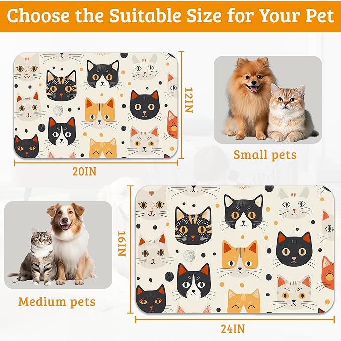 Cats Dog Cat Food Mat,Absorbent Waterproof Placemat for Food and Water Non Slip Rubber Backing Durable Feeding Pad for Clean Floors 12" x 20"