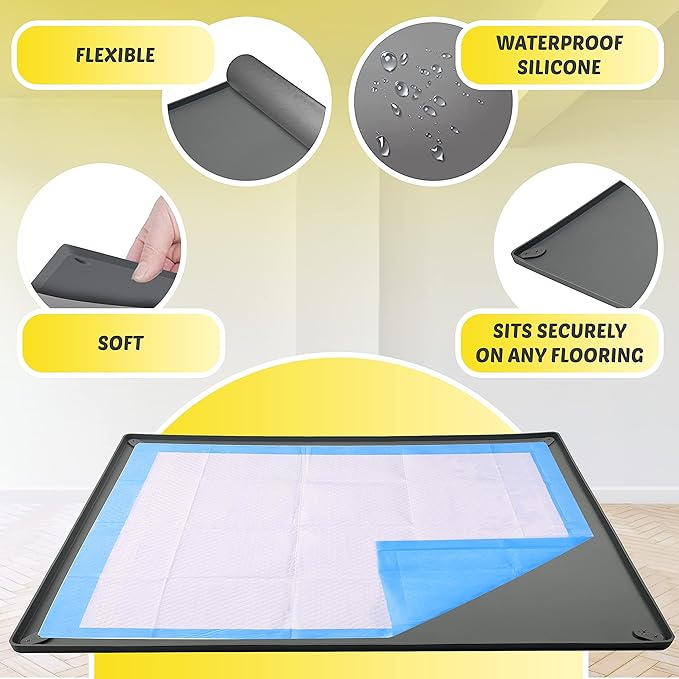 TidyFriend Dog Pee Pad Holder Tray Fits for 24” x 36” Pee Pads with Corner Lock Holes, Raised Edges, Non-Spill, Easy to Clean Silicone Dog Potty Tray Holder, for Indoor Floor Protection (Grey)