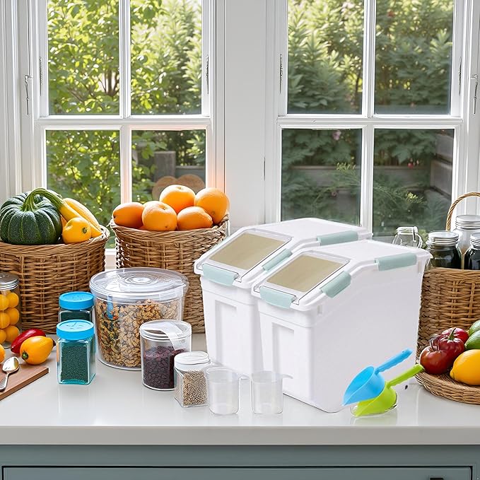 Saim Flour & Food Storage Container 25LB, Rice Dispenser & Dog Food Container with Lid, BPA Free Plastic with Measuring Cup for Rice, Flour, Dry Food Organization Cat Food Bin Bulk on wheels (Green)