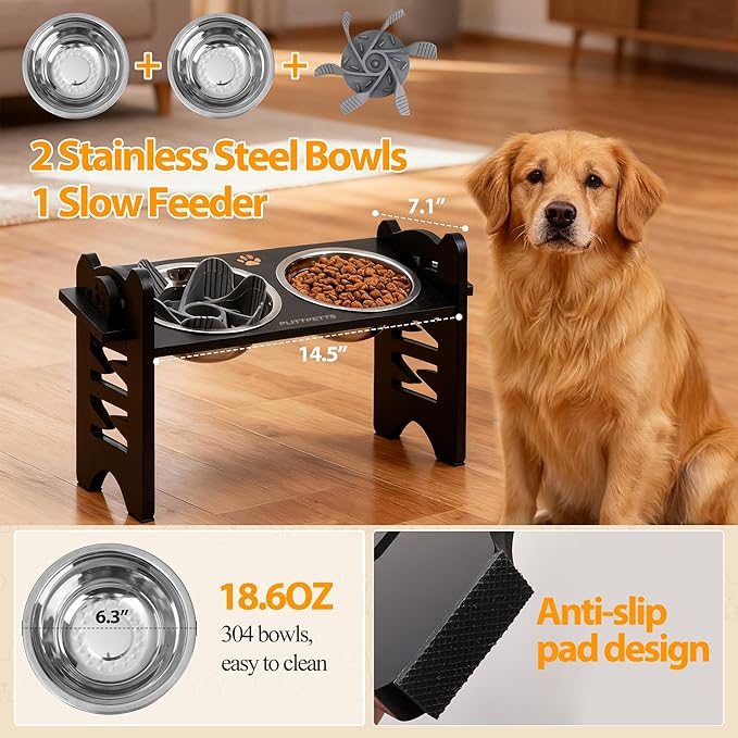 Elevated Dog Bowls,Cat Bowls,9 Height Adjustable Raised Dog Bowl Stand for Small & Medium Pet with 2 Stainless Steel Dishes and Slow Feeder,Bamboo Pet Food Bowl with Non-Slip Feet