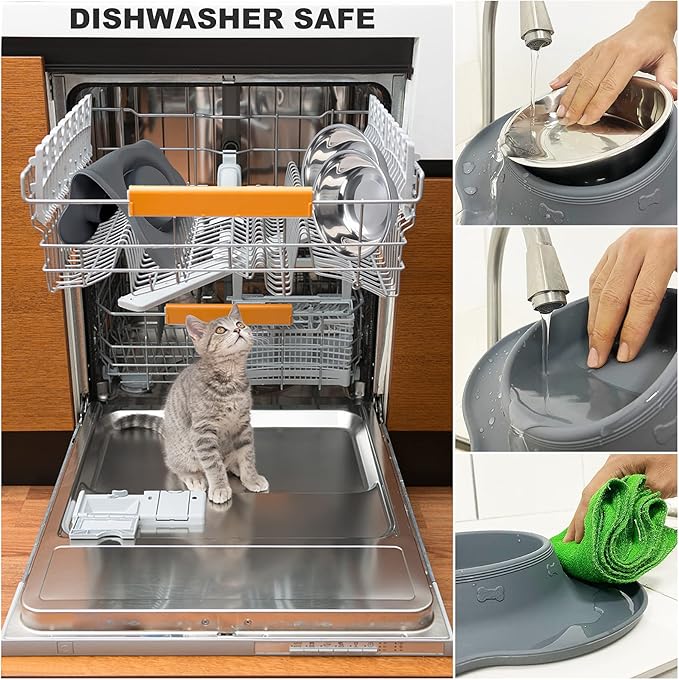 AsFrost Dog Food Bowls Stainless Steel Dog Food and Water Bowl Set, Dog Dishes No Spill Non Slip Silicone Mat, Dog Bowls for Small Medium Size Dogs Cat Puppy Pet Food Feeding Bowls, Grey, 12oz