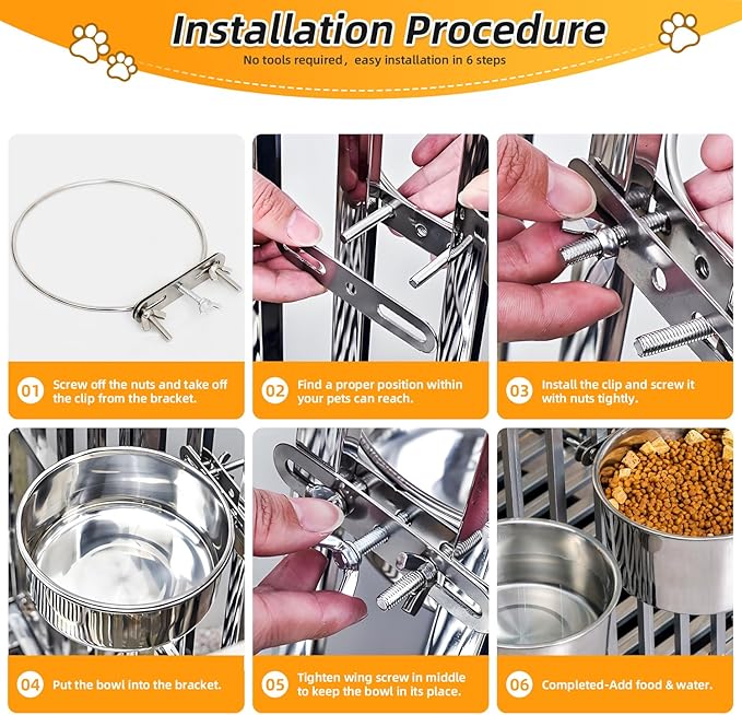 2 Packs Kennel Water Bowl Hanging Dog Crate Water Bowl No Spill Mountable Stainless Steel Dog Bowl Feeding Dish Wall Mounted Cat Food Bowls for Cats Guinea Pigs Rabbits