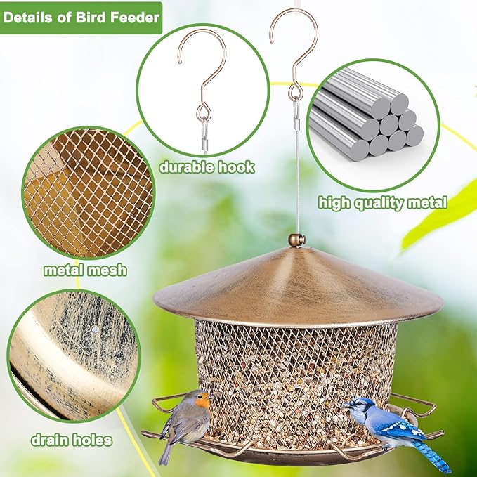 Bird Feeder for Outdoor, Weatherproof Rainproof All Metal Hanging Wild Bird Feeder with 9.8" Roof, 4.5 LBs Seeds Capacity, Easy to Clean & Refill
