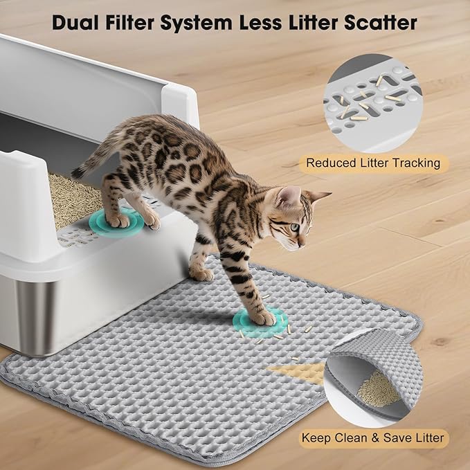 FURTIME Stainless Steel Cat Litter Box with Lid – High-Sided Metal Litter Pan for Small Cats, Kitty Litter Box Non-Stick, Odor-Resistant, Anti-Urine Leakage, Easy to Clean, Includes Scoop and Mat
