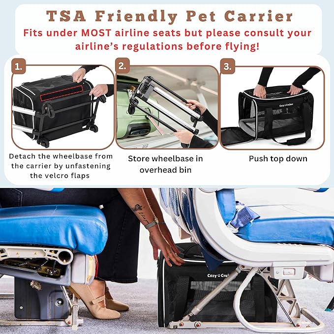 Airline Approved Top-Expanding Pet Carrier on Wheels- Extra Spacious Soft Lined Carrier! 18x11x11 (Black, Original Mesh Sides)