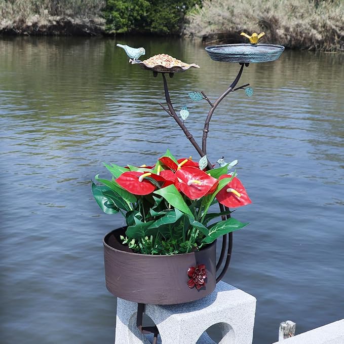 Deck Bird Bath, Bird Bath and Bird Feeder, Flower Planting Pedestal, Deck Mounted Bird Bath, for Garden Balcony Patio Deck Railing Decoration