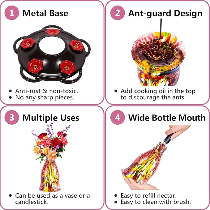 LUJII Bloom Shaped Hummingbird Feeders for Outdoors, Hand Blown Glass Humming Bird Feeder for Outside Hanging, Leak Proof & Metal Base Top, 25 fl.oz Capacity, Gifts for Bird Lovers, Purple