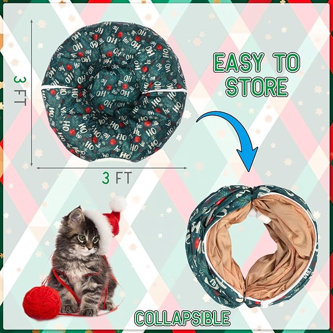 Christmas Cat Tunnel Bed for Indoor Cats Under Christmas Tree Skirt Tube with Hanging Ball Plush Cat Cave, Washable Holiday Pet Gift Toy & Gift for Kittens(Pine Branch)