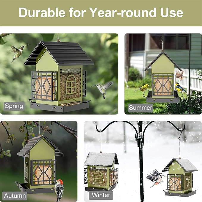 Bird Feeder, Squirrel Proof Outdoor & Hanging Wild Bird Feeders, Large Capacity Metal Bird Feeder with Weatherproof Roof, Attracts Cardinals, Finches, Blue Jays (Green)