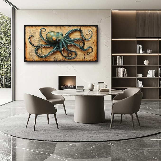 Large Octopus Nautical Wall Art for Living Room, Vintage Ocean Canvas Oversized Wall Decor, Rustic Sea Animal Framed Pictures Painting Print Artwork for Bedroom Office 60"L x 30"W
