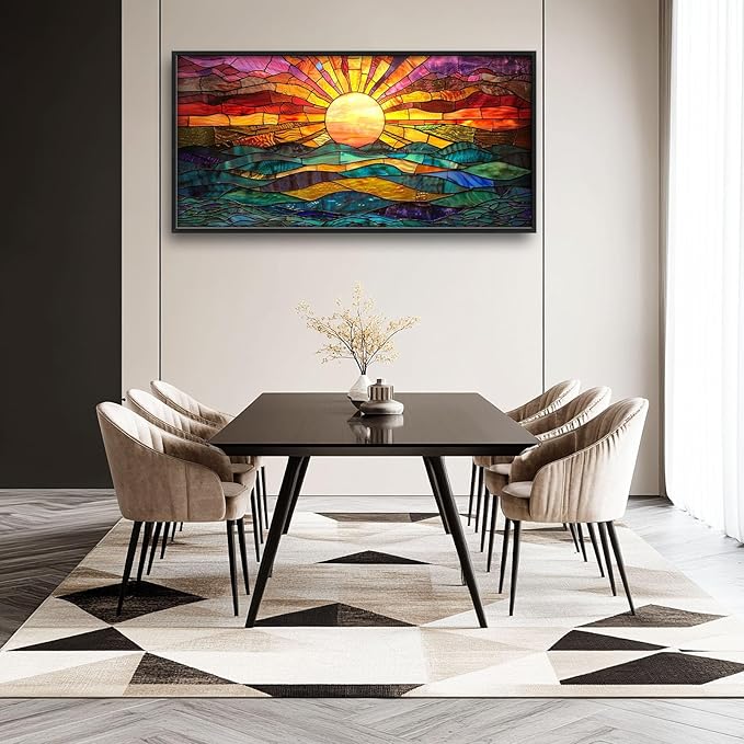 Quorin Boho Sun Large Wall Art Colorful Pictures Abstract Geometric Sun Sunset Sea Wall Decor Modern Canvas Print Painting Artwork for Dining Room Living Room Bedroom 60L x 30W
