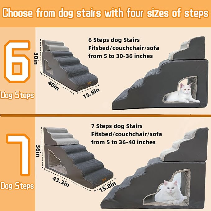 dog stairs for small dogs to 30 inches high beds, 6 step dog ramp stair for 18-36 inches couch-bed,pet stairs for small old meduim large dogs cats,Non-Slip balanced 6 tiers ladder,75 pounds Studry 33D