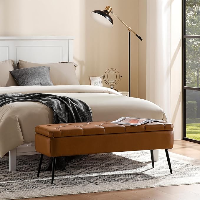 Leather Storage Ottoman Bench,End of Bed Bench for Living Room Bedroom Dinning Room Entryway,Mid-Century Modern,Faux Leather,with Steel Legs,Safety Hinges, Loads 660 lb (with Button, Brown)