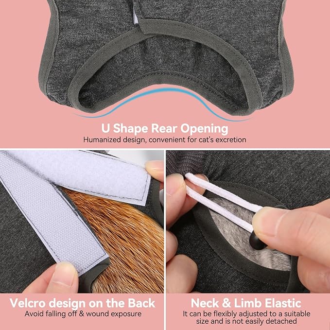 2 PCS Cat Recovery Suit for Spay Abdominal Wounds Female, Cat Onesie for Cats After Surgery, Pet Surgery Recovery Suit Kitten Onesie for Cats Anti Licking (Grey (2PCS), Medium)