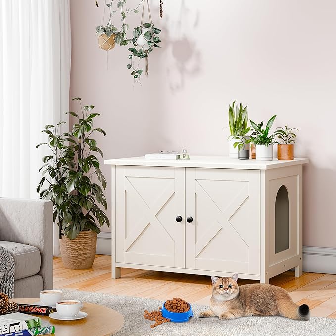 Vongrasig Cat Litter Box Enclosure,Litter Box Furniture Hidden with Barn Door,Wooden Cat Washroom Furniture,Cat House,End Table, Fit Most of Litter Box, White
