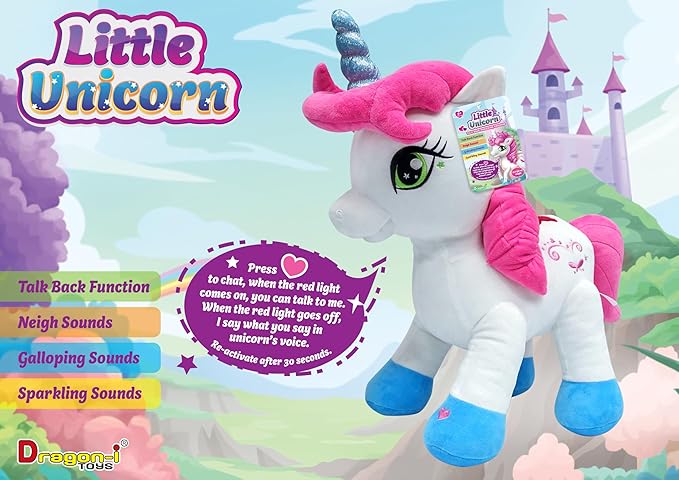 The Large Talk Back Mimicking Unicorn, Cuddly Large 16 Inch Plush Toy Unicorn with Sound Effects and Talking Features, Pink Girl Pony Toy for Girls