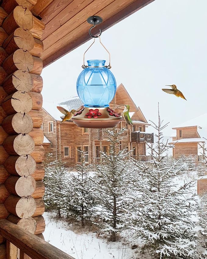 BOLITE Hummingbird Feeder, Glass Hummingbird Feeders for Outdoors, Netted Texture Ball Shape Bottle, 20 Ounces, Blue, Birthday Gifts for Women Men, Gifts for Mom Dad