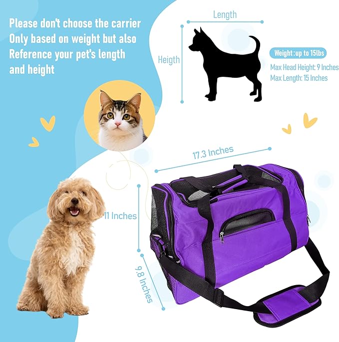 Expandable Cat Carrier for Travel, Soft-Sided Pet Carrier for Cats and Small Dogs, Airline Approved, Comfortable & Breathable Cat Carrying Bag with Adjustable Strap for Daily Use & Airplane(Purple)