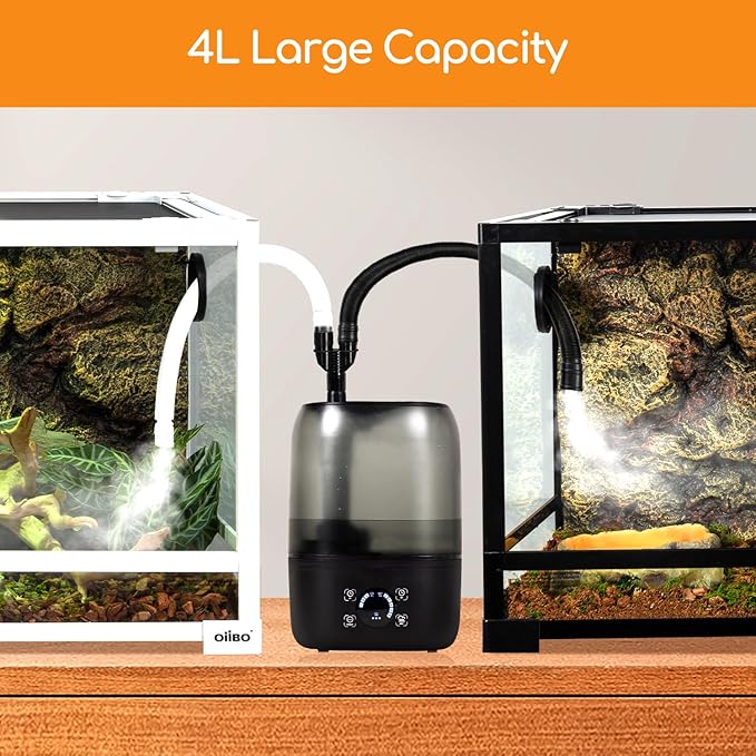 OIIBO Reptile Fogger Humidifier with Timing, 4L Large Digital Reptile Fogger Terrarium Humidifiers with Double Extension Tube Automatic Reptile Misting System