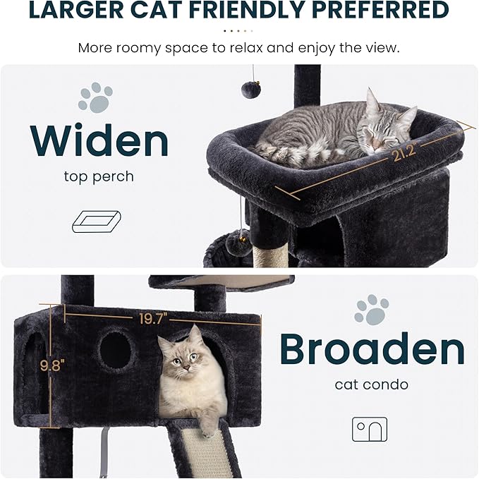 SHA CERLIN 65in Larger Cat Tree Tower Condo for Indoor Kitties/Multi-Level Furniture Activity Center with Wide Base/Cozy Plush Cat Perches/Baskets/Sisal Scratching Posts and Hammock/Dark Grey