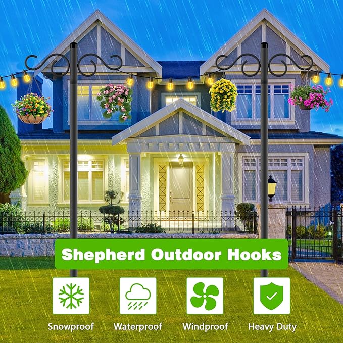Double Shepherds Hooks for Outdoor,2 Pack 55 Inch Bird Feeder Pole with 5 Prongs Base,Heavy Duty Shepherds Hook,Suitable for Garden in Hanging Flower Basket,Lantern,Bird Nests (2 Pack 55 inch)