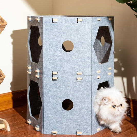 2-Storey Cat Cube, for Indoor Cats&Small Dogs, with Hair Brush, Without Tunnel, DIY Large Expandable Modular Felt Pet House, Stackable Kitten Perch Nest, Peekaboo Kitty Cave, Washable Puppy Condo Bed