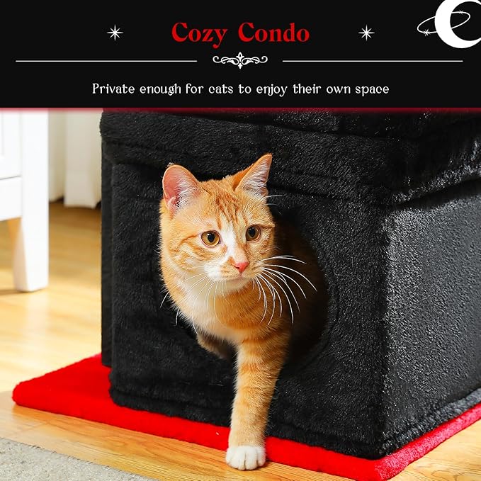 PEQULTI Cat Tree Gothic Cat Tower for Indoor Cats with Private Cozy Cat Condo, Natural Sisal Scratching Posts and Plush Pom-pom for Small Cats Black