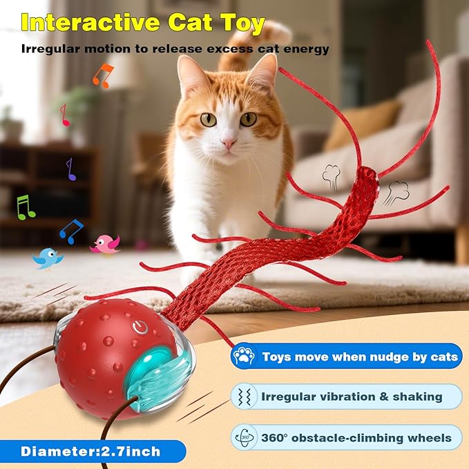 Interactive Cat Toys for Indoor Cats, Moving Cat Ball with Tail, Fast Rolling on Carpet, Chirping & Motion Activate