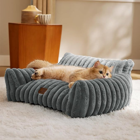 Bedsure Cute Cat Couch for Pets - Fluffy Cat Sofa with Premium Soft Corduroy Fleece, Fuzzy Pet Couch Bed with Removable Washable Cover, Supportive Pet Chair for Indoor Cats, 24inch, Warm Grey