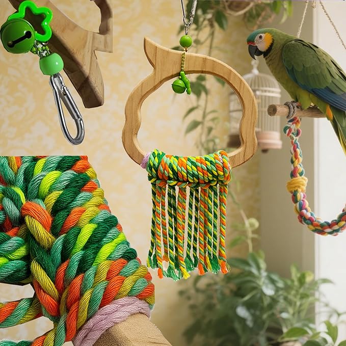 Bird Swing for Parrots – Extra Strong Natural Wood and Rope Hanging Toy for Medium-Sized and Small Birds,Cage Perch Accessory for Macaws,Cockatoos,Parakeets,African Greys,Conures