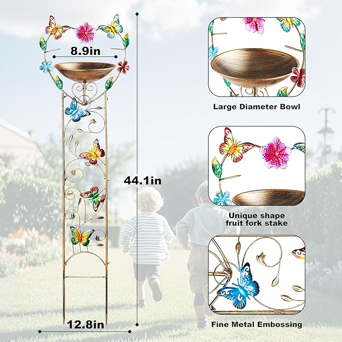 44" Height Bird Bath with Trellis for Climbing Plants Outside,Metal Antique Butterfly Heart Garden Plant Trellis with Detachable Bird Bath Bowl & Fruits Plants Support,Garden Patio Decor