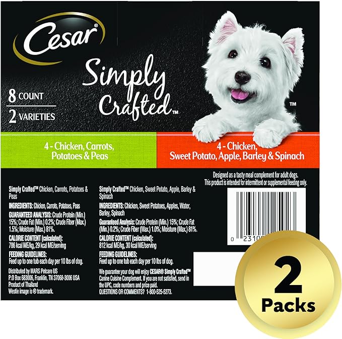 Cesar Simply Crafted Adult Wet Dog Food Meal Topper, Chicken, Carrots, Potatoes & Peas and Chicken, Sweet Potato, Apple, Barley & Spinach Variety Pack (8 Count, Pack of 2)