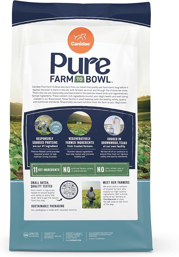 Canidae Pure Farm to Bowl Pasture-Raised Lamb with Goat & Venison Meals, Adult, Grain-Free Dry Dog Food, 22lb